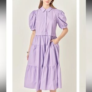 English Factory Button Closure Puff Sleeve Midi Dress